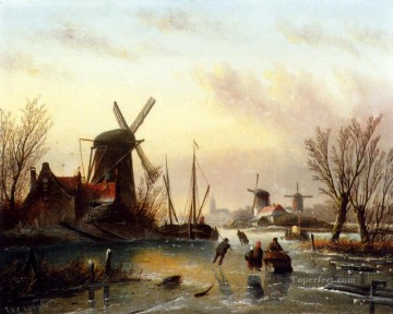  spohler painting - A Frozen River Landscape boat Jan Jacob Coenraad Spohler
